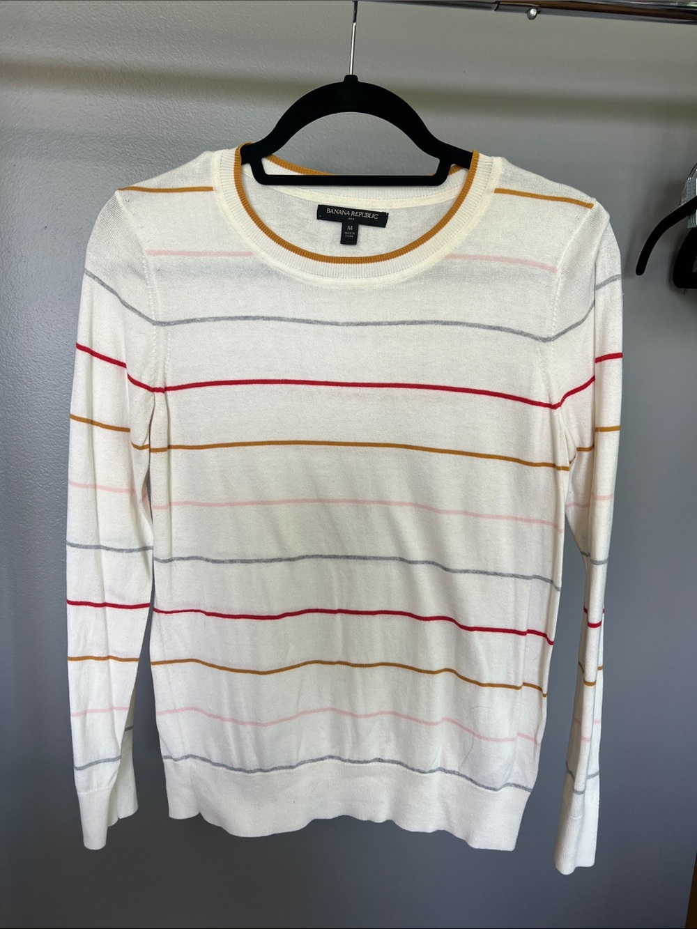 Banana Republic White Crewneck Sweater with Red, Mustard, Gray and Pink Stripes